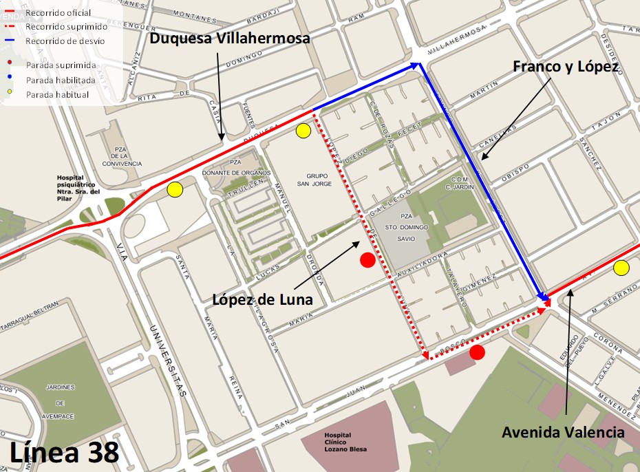 Desvío de la línea 38 por el corte de López de Luna