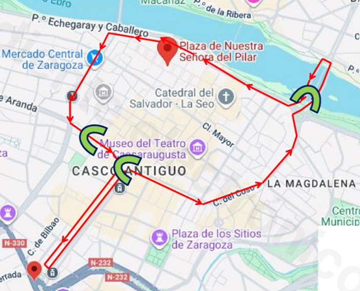 Recorrido de la carrera: Plaza España, Coso, Puente del Pilar ambos sentidos, Echegaray, Av. César Augusto, Coso, Independencia a Plaza España.