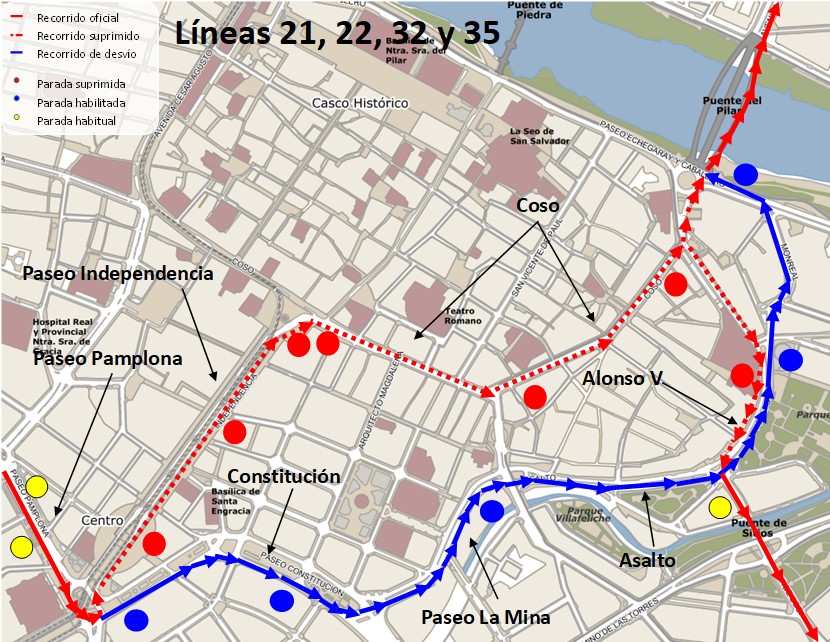 Mapa con el recorrido alternativo de las líneas afectadas