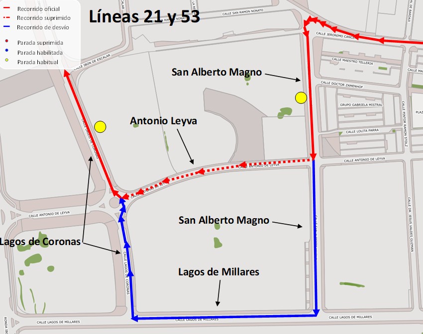 Mapa con el desvío que harán las líneas 21 y 53
