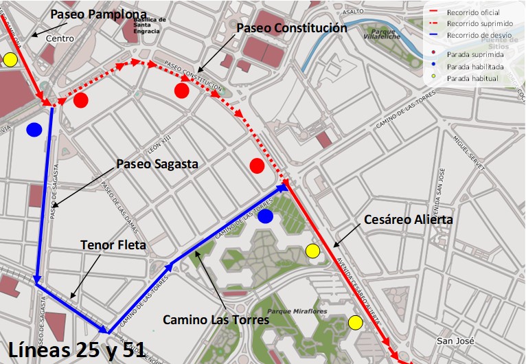 Mapa con el recorrido alternativo de la línea 25 y 51 dirección Paseo La Mina