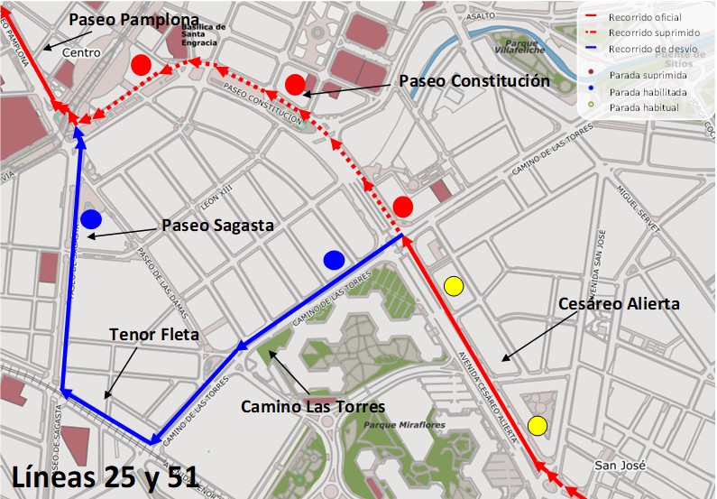 Mapa con el recorrido alternativo de la línea 25 y 51 dirección Plaza Paraíso
