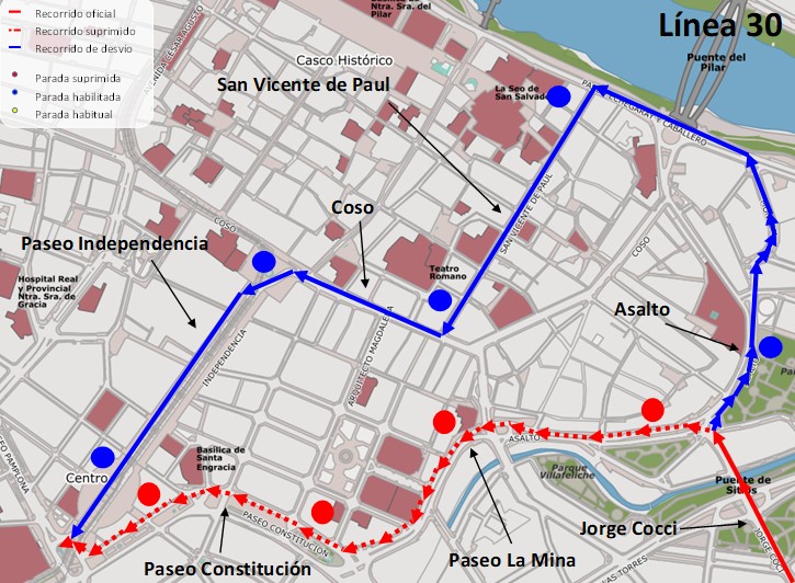 Mapa con el recorrido alternativo de la línea 30 dirección Plaza Paraíso