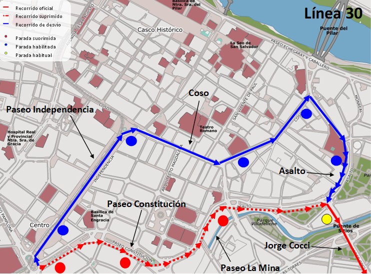 Mapa con el recorrido alternativo de la línea 30 dirección Paseo La Mina