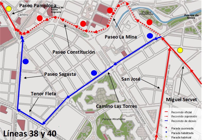 Mapa con el recorrido alternativo de la línea 38 y 40 dirección Plaza Paraíso