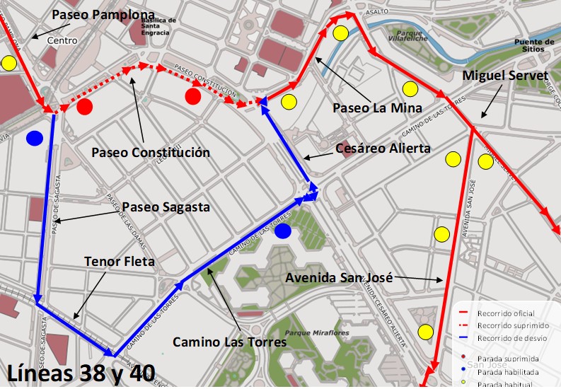Mapa con el recorrido alternativo de la línea 38 y 40 dirección Paseo la Mina