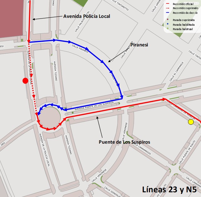 Mapa con el recorrido alternativo que realizarán las líneas 23 y N5