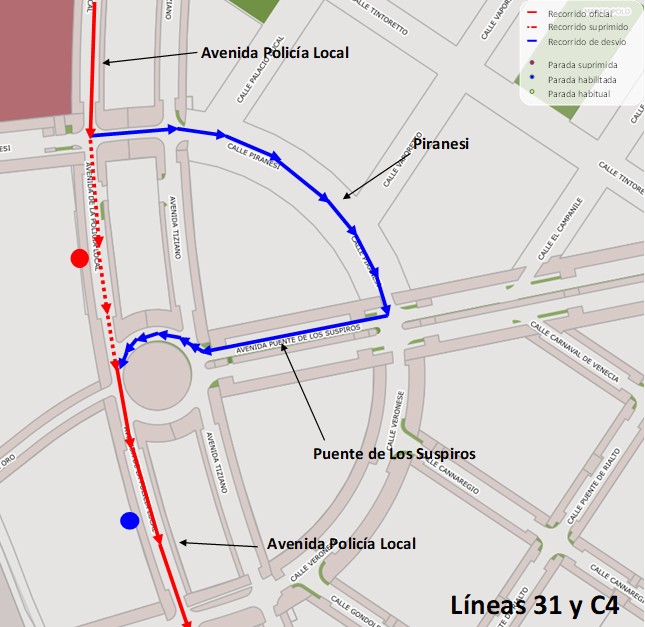 Mapa con el recorrido alternativo que realizarán las líneas 31 y C4
