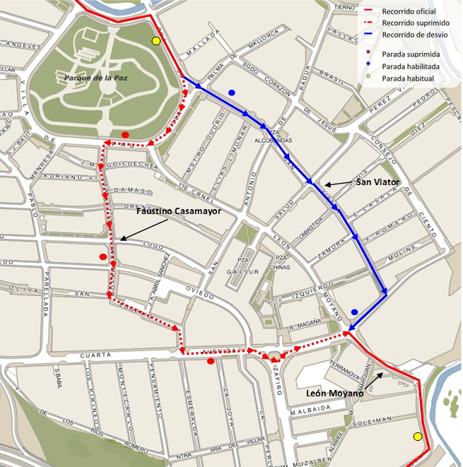 Mapa del recorrido alternativo de la línea 23 por las obras en Faustino Casamayor