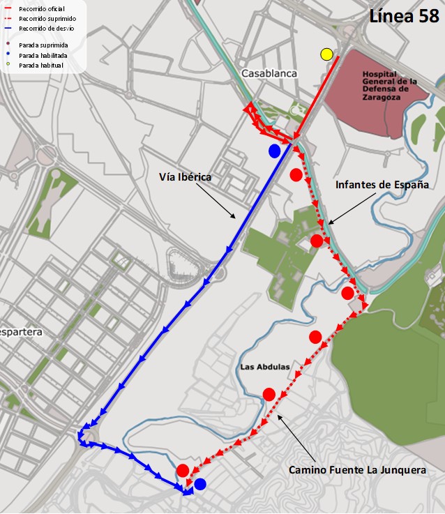 Mapa con el recorrido alternativo de la línea 58 dirección Plaza Paraíso