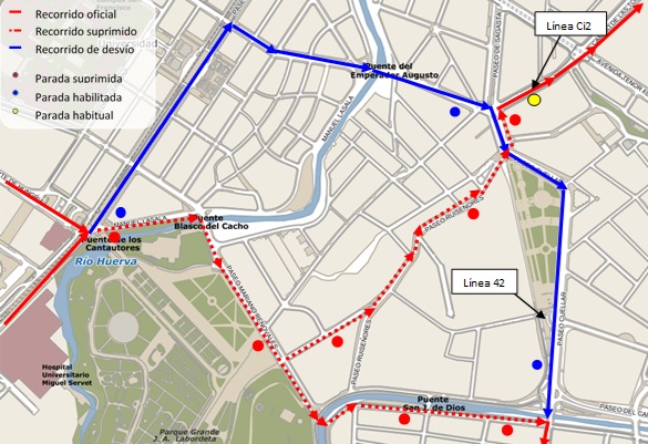 Mapa en el que se muestra la afección del desvío, así como las paradas suprimidas y habilitadas