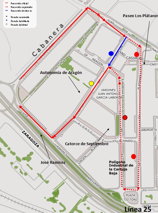 Mapa con el desvío de la línea 25 y N5 por obras en Avenida Los Platanos