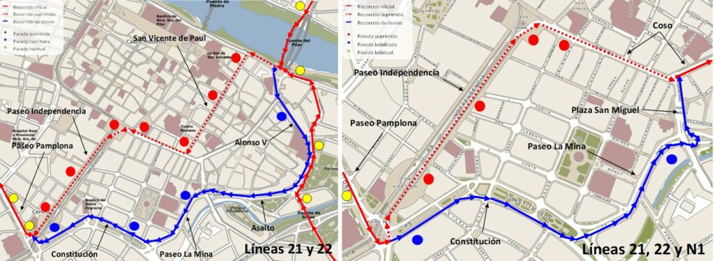 Mapa con el recorrido alternativo de las líneas 21, 22 y N1