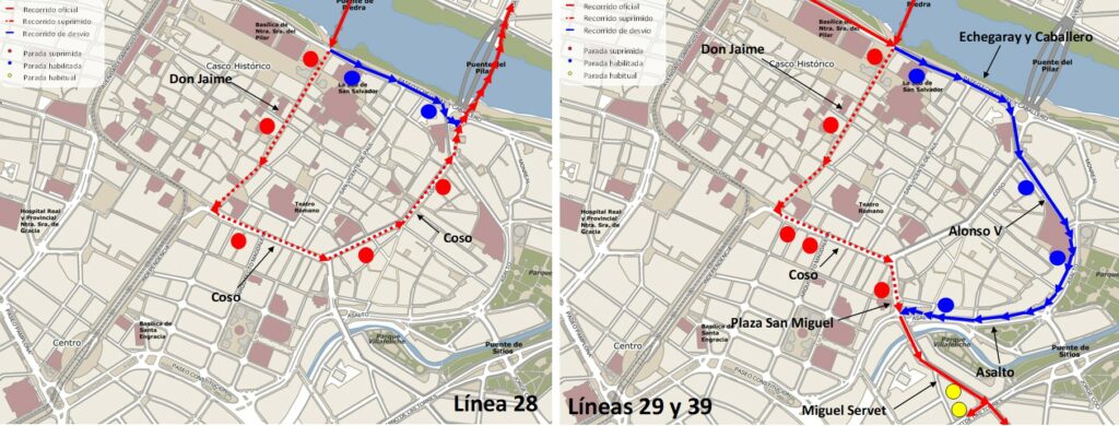 Mapa con el recorrido alternativo de las líneas 28, 29 y 39