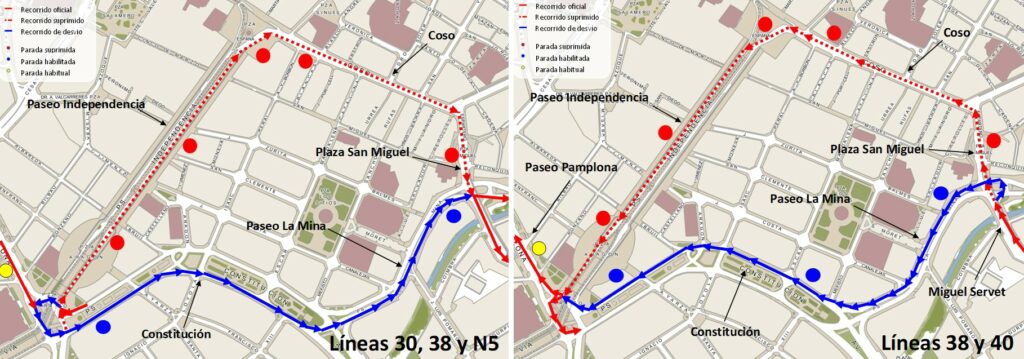 Mapa con el recorrido alternativo de las líneas 30, 38, 40 y N5