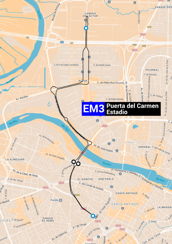 Mapa con el recorrido de la línea EM3