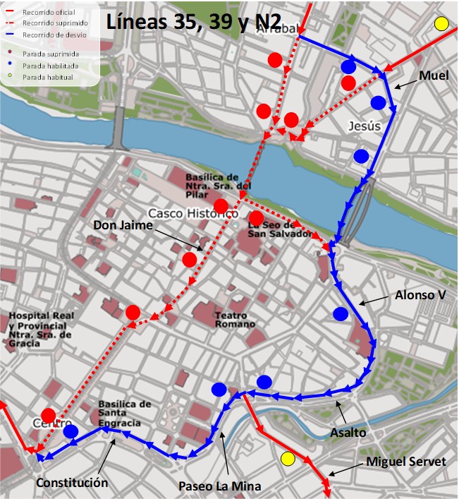 Mapa con el recorrido alternativo de las líneas 35, 39 y N2