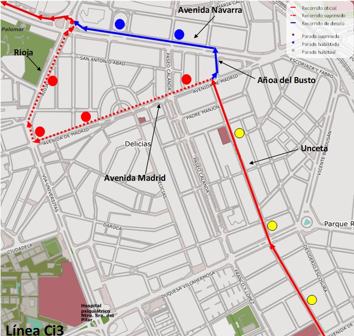 Mapa con el recorrido alternativo de la línea Ci3