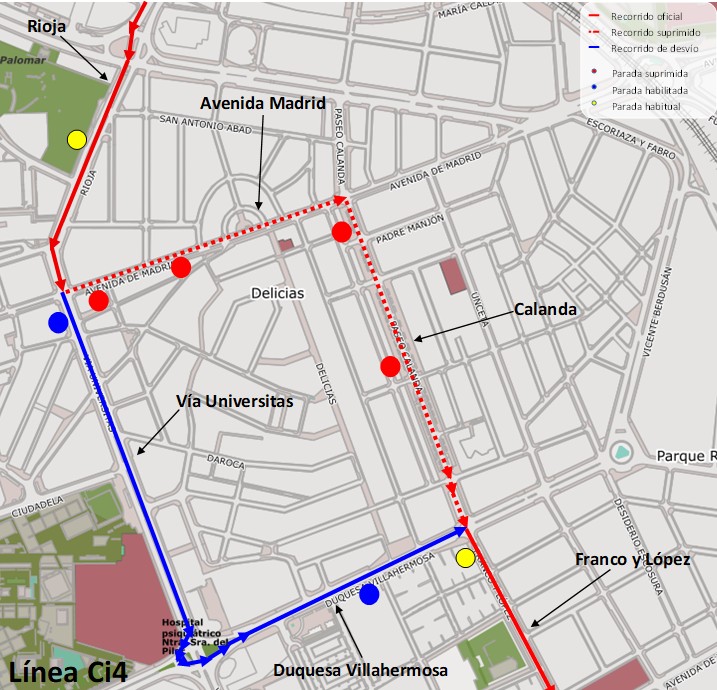 Mapa con el recorrido alternativo de la línea Ci4