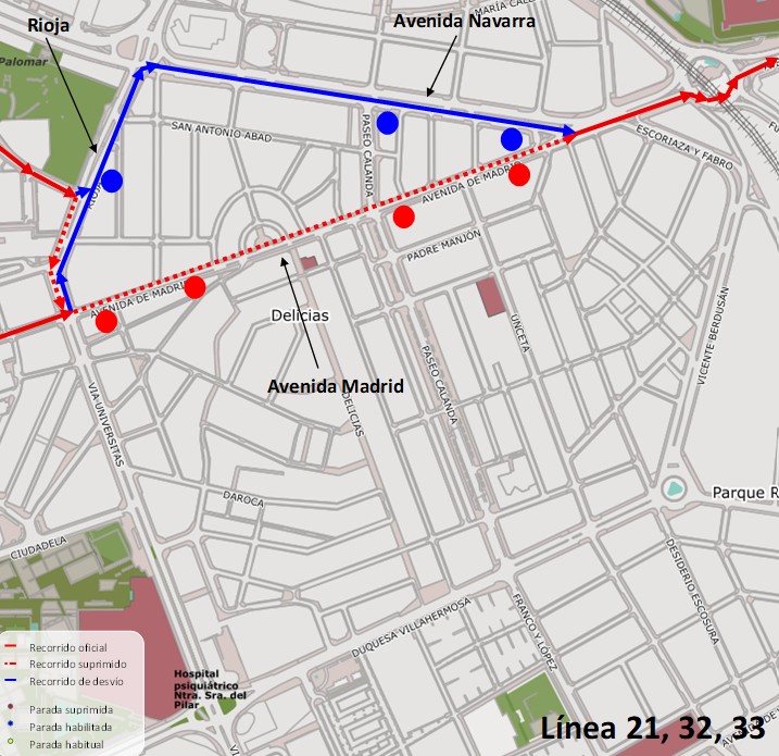 Mapa con el recorrido alternativo de las líneas 21, 32 y 33