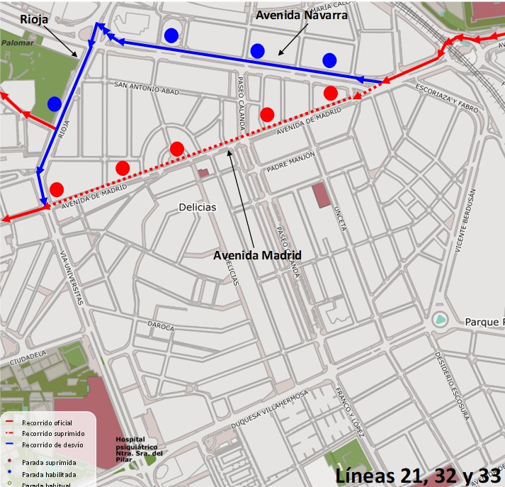 Mapa con el recorrido alternativo de las líneas 21, 32 y 33