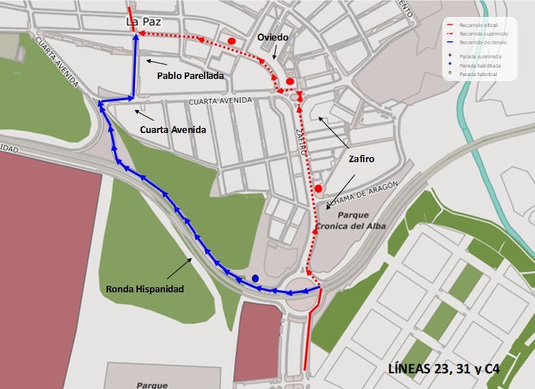 Mapa con el recorrido alternativo de las líneas 23, 31 y C4 sentido centro