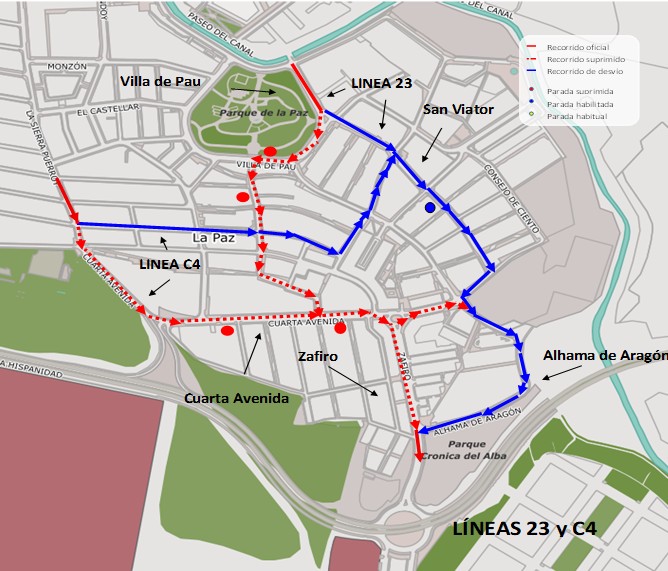 Mapa con el recorrido alternativo de las líneas 23 y C4 sentido Parque Venecia