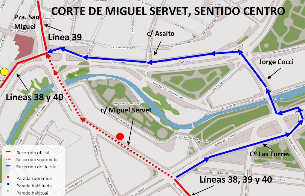 Mapa con el recorrido alternativo de las líneas 38, 39 y 40