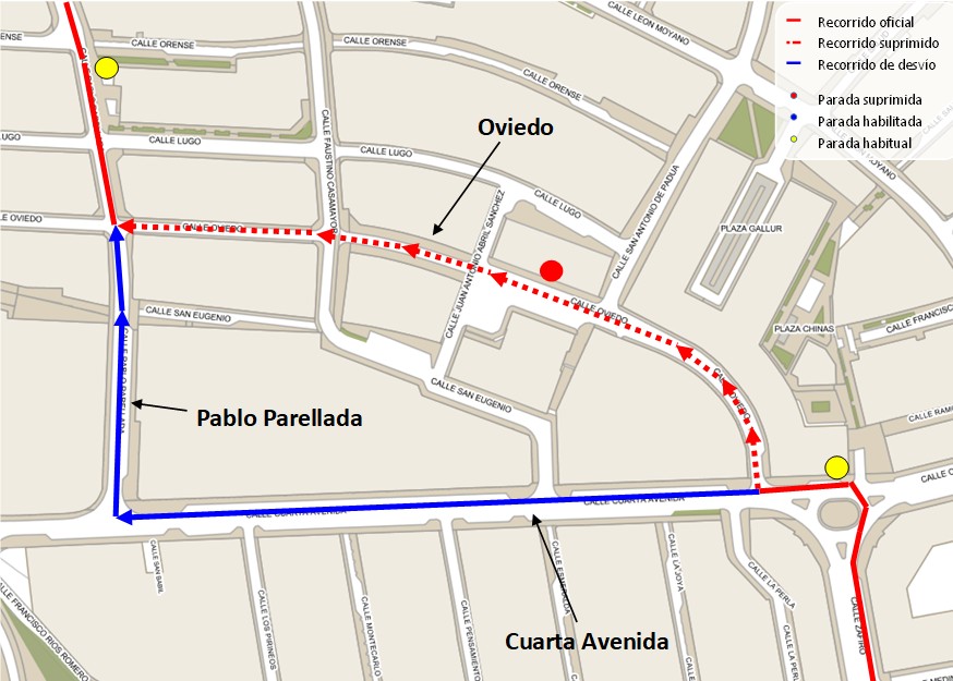Mapa con el recorrido alternativo de las líneas afectadas.