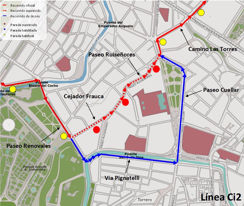 Mapa con el recorrido alternativo de la línea Ci2
