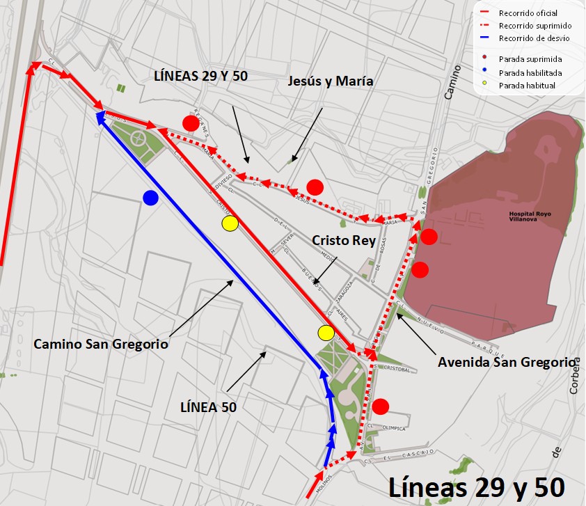 Mapa con el recorrido alternativo de la línea 29 y 50