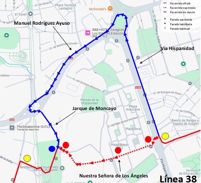 Mapa con el recorrido alternativo de la línea 38