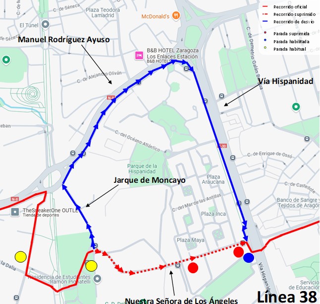 Mapa con el recorrido alternativo de la línea 38
