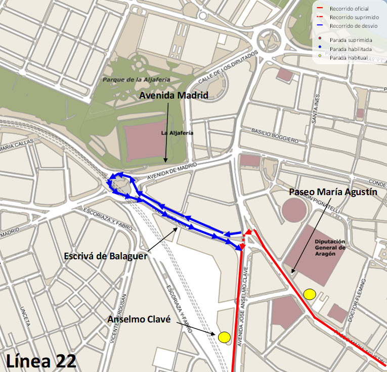 Mapa con el recorrido alternativo de la línea 22.