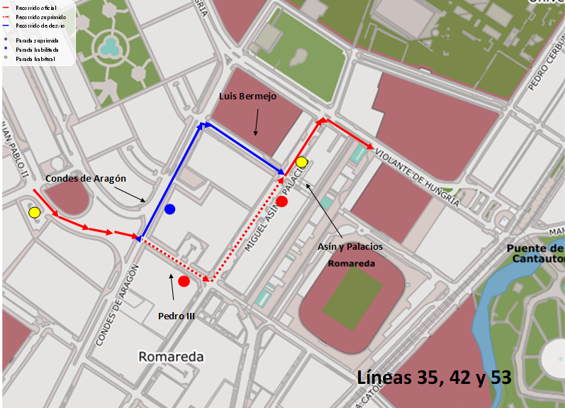 Mapa con el recorrido alternativo de las líneas afectadas