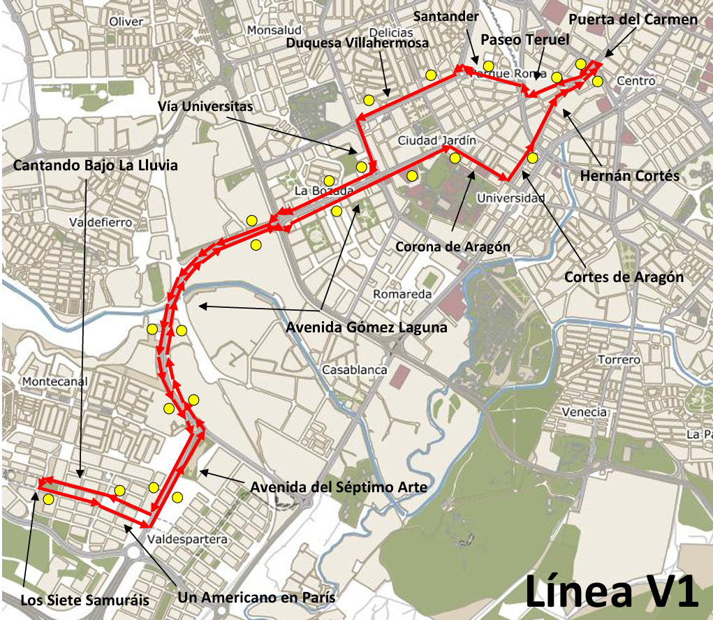 Mapa con el recorrido de la V1