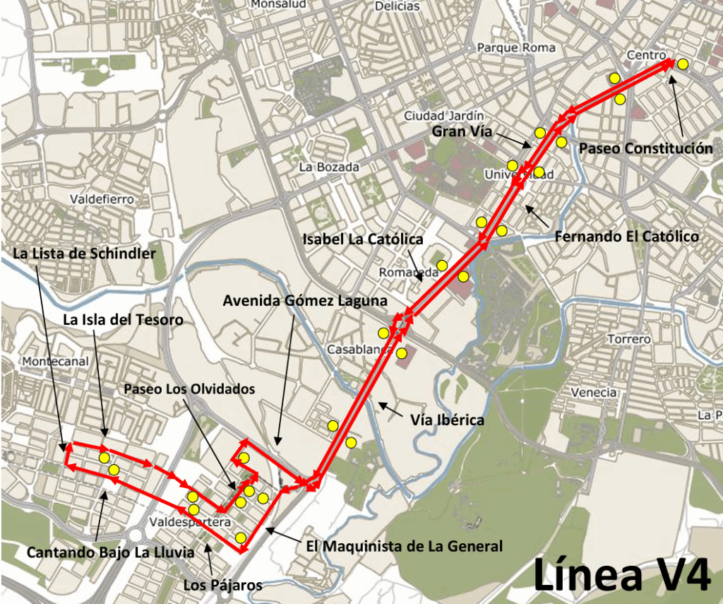 Mapa con el recorrido de la línea V4