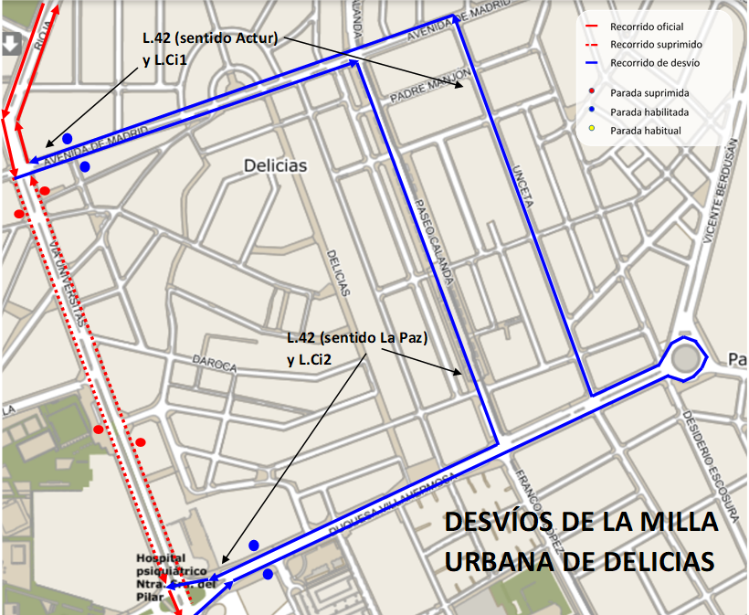 Mapa con el recorrido alternativo de las líneas afectadas