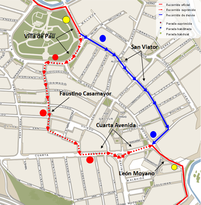 Mapa con el recorrido alternativo de la línea 23 por las obras en Faustino Casamayor.
