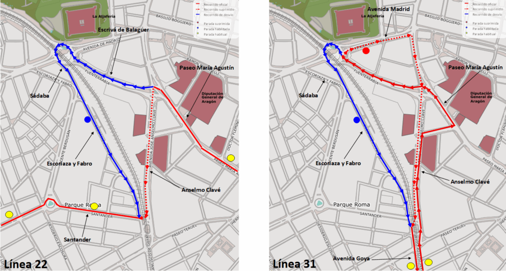 Mapa con los recorridos alternativos de las líneas