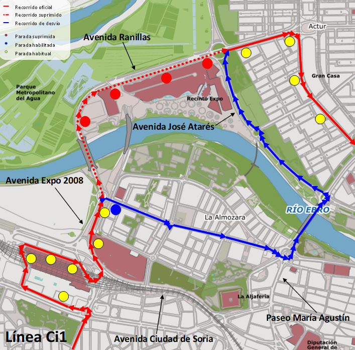Mapa con el recorrido alternativo de la línea Ci1