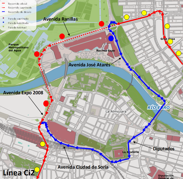 Mapa con el recorrido alternativo de la línea Ci2