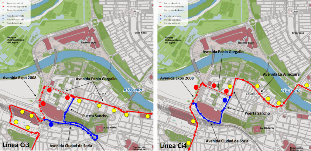 Mapa con los recorridos alternativos de la línea Ci3 y Ci4